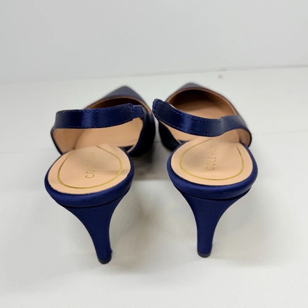 Cole Haan Vandam Sling 65 Navy Satin Pointed Toe Kitten Heeled Pumps Sz 9.5 - Picture 4 of 11